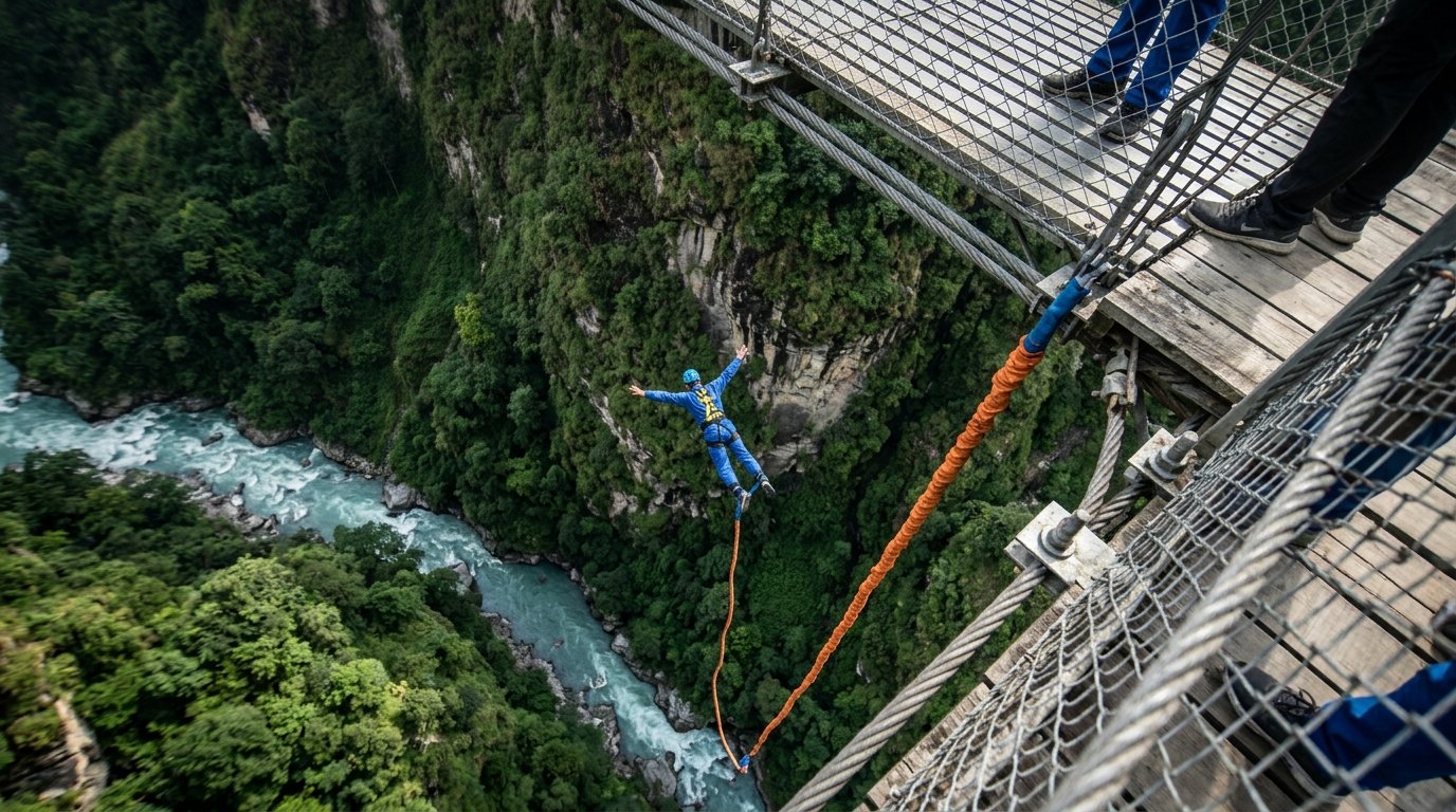 Bungee jumper falling through the air over Bhote Koshi gorge Nepal with river far below