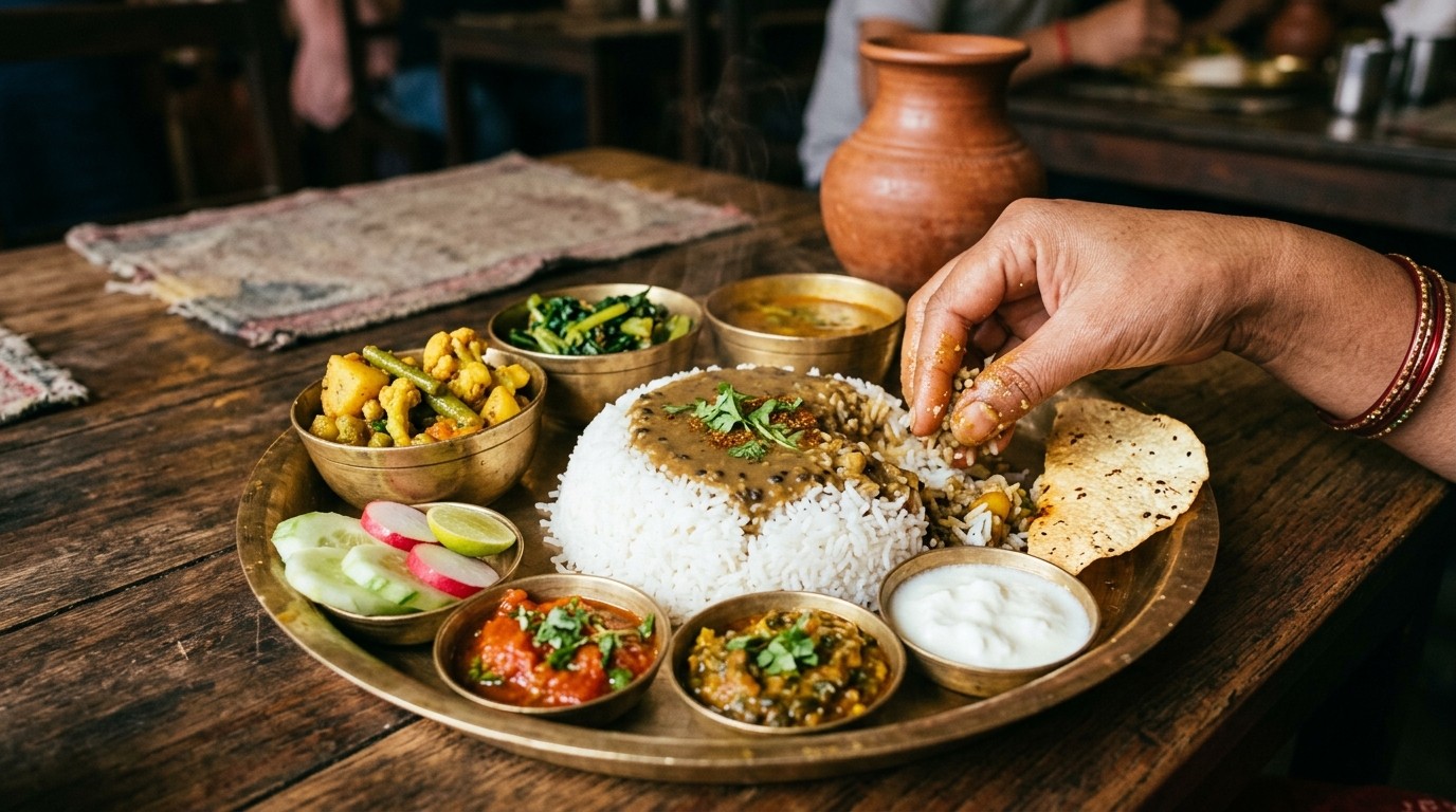 Traditional Nepali dal bhat thali served on a plate, eaten by hand
