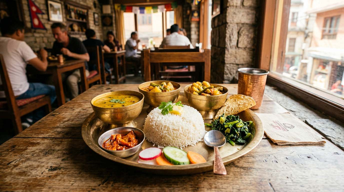 Traditional Nepali dal bhat thali with lentil soup, rice, vegetable curry and pickles served on a metal plate