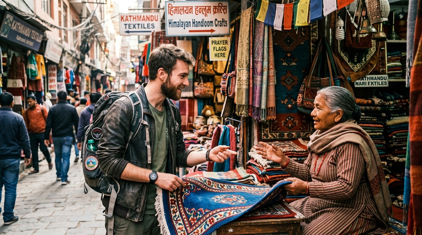 Traveller negotiating price with a shopkeeper at a market stall in Thamel Kathmandu
