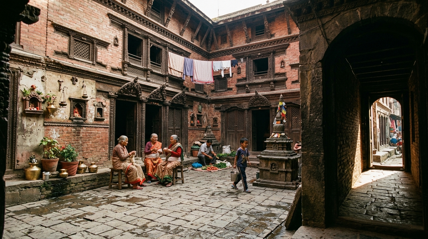 Elderly Newari women sitting and talking in a quiet traditional courtyard in old Kathmandu