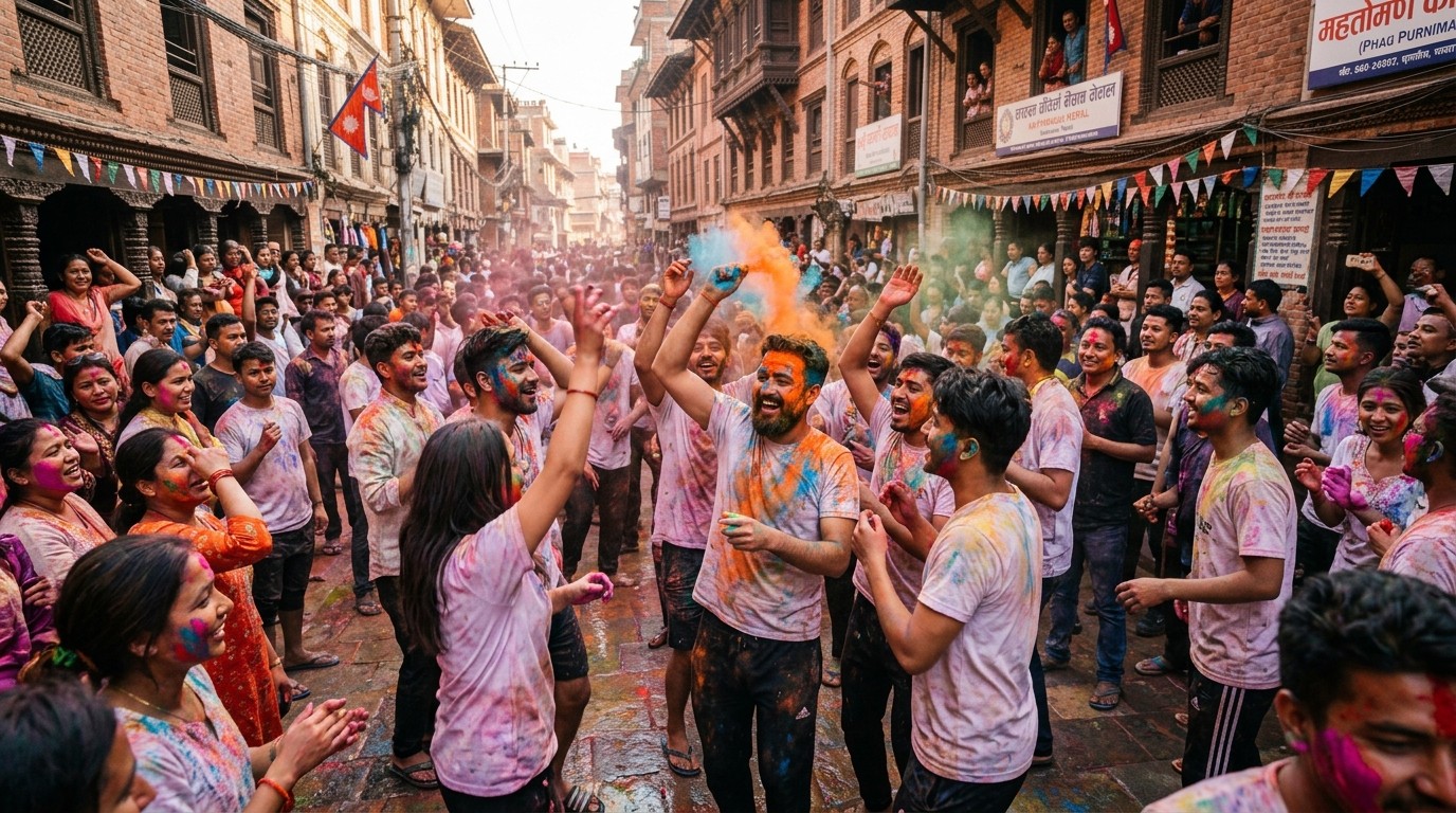 Crowds covered in colored powder celebrating Holi festival in a Kathmandu street