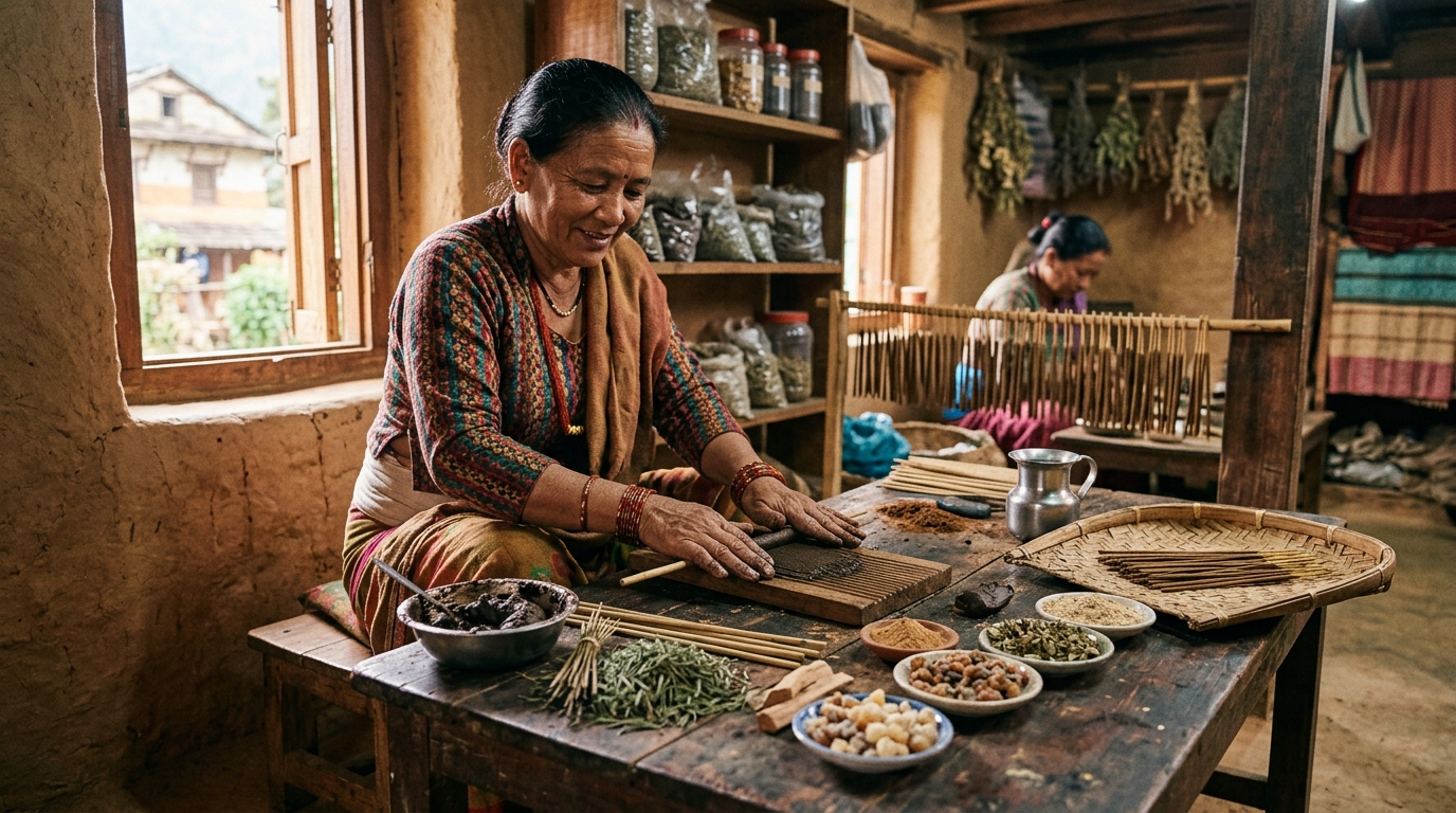 Hands rolling traditional rope incense sticks on a wooden workbench with herbs and spices