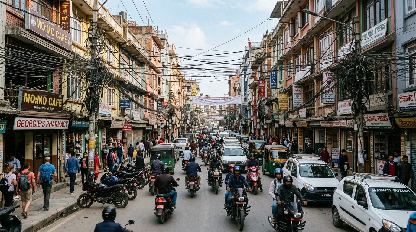 Busy Kathmandu street with motorbikes, cars and tangled overhead wires