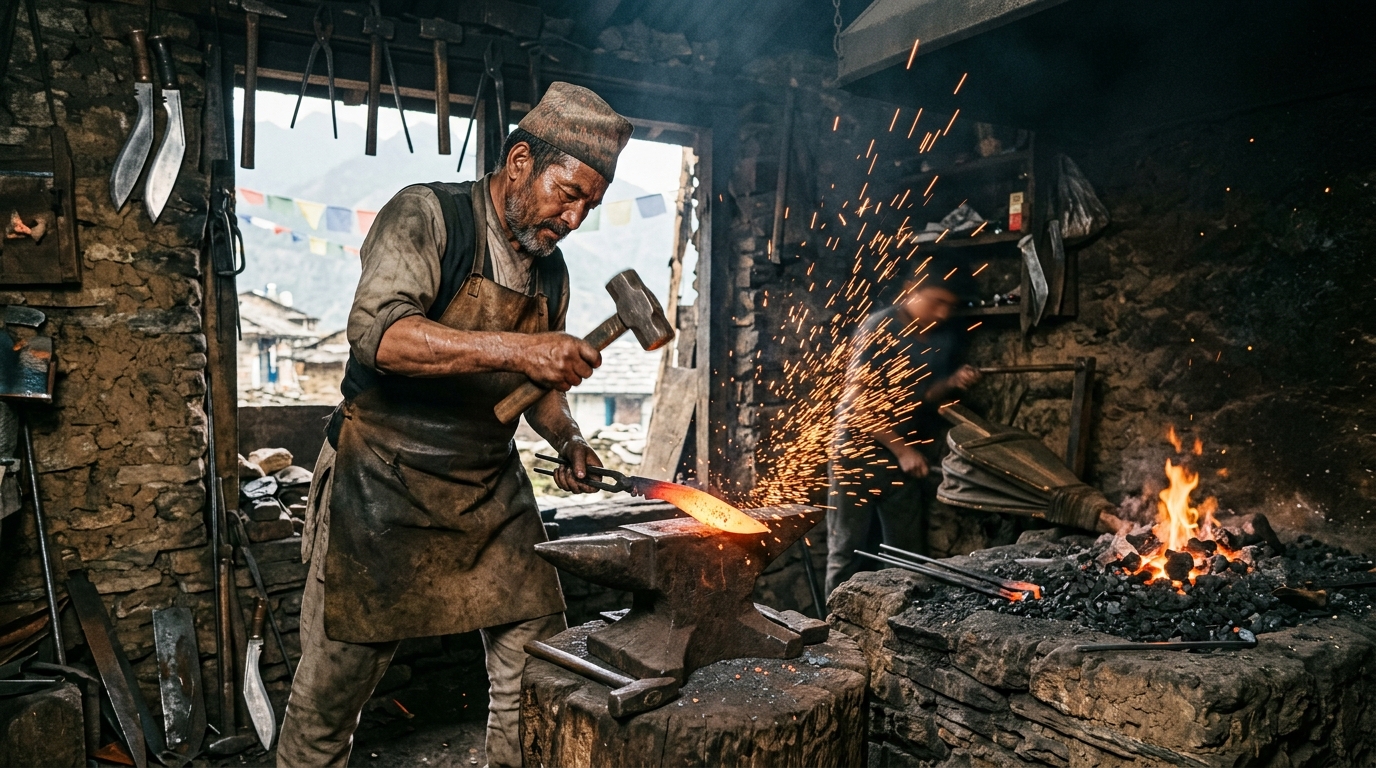 Blacksmith forging a red-hot Khukuri blade at an anvil in a traditional Kathmandu workshop