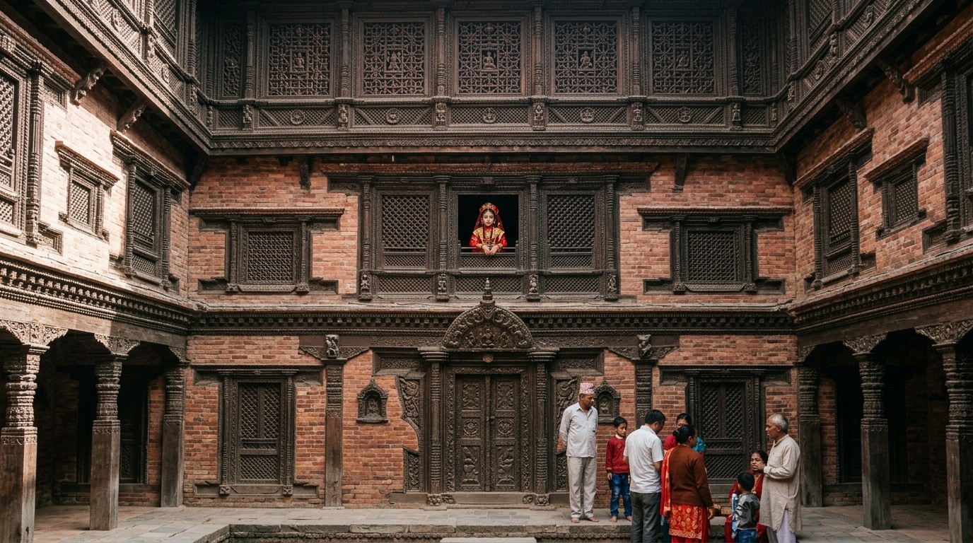 Kumari Ghar, the historic house of the living goddess, in Kathmandu Durbar Square