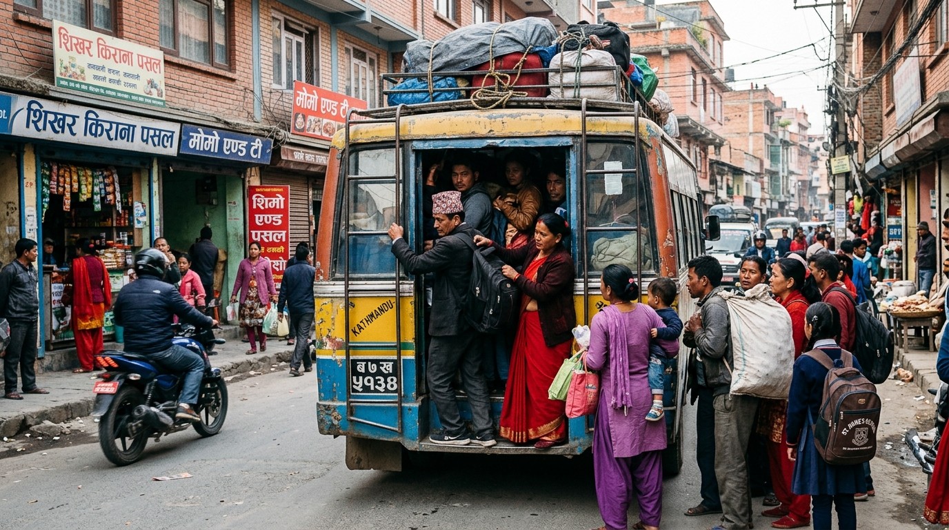 Passengers boarding a crowded local microbus on a Kathmandu street
