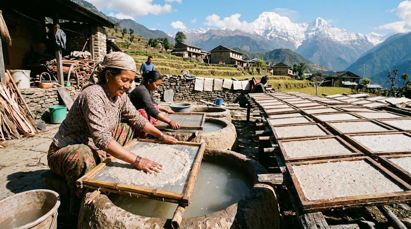 Women making Lokta paper by hand with drying frames and the Annapurna mountains in the background