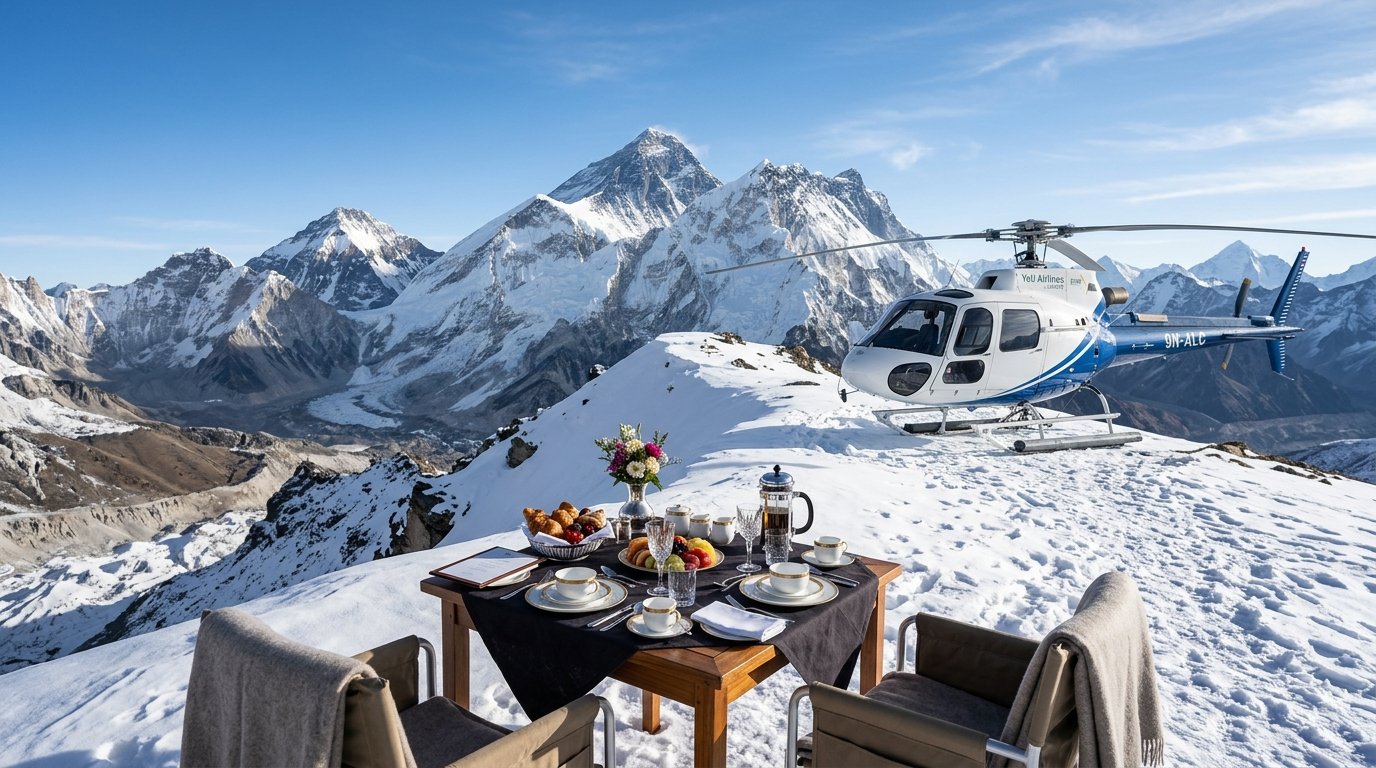 Private helicopter breakfast on snowy ridge with Everest panorama Nepal