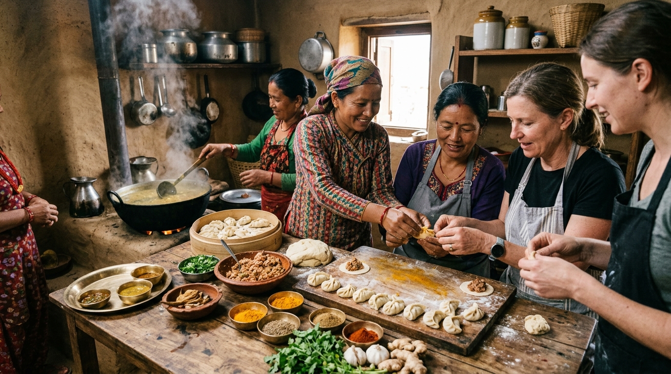 Group learning to fold momo dumplings with local Nepali women in a traditional kitchen