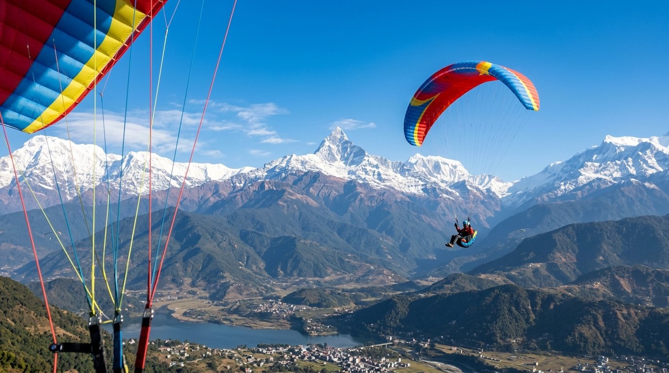 Paraglider in flight above Pokhara Valley with Annapurna and Machhapuchhre mountains Nepal