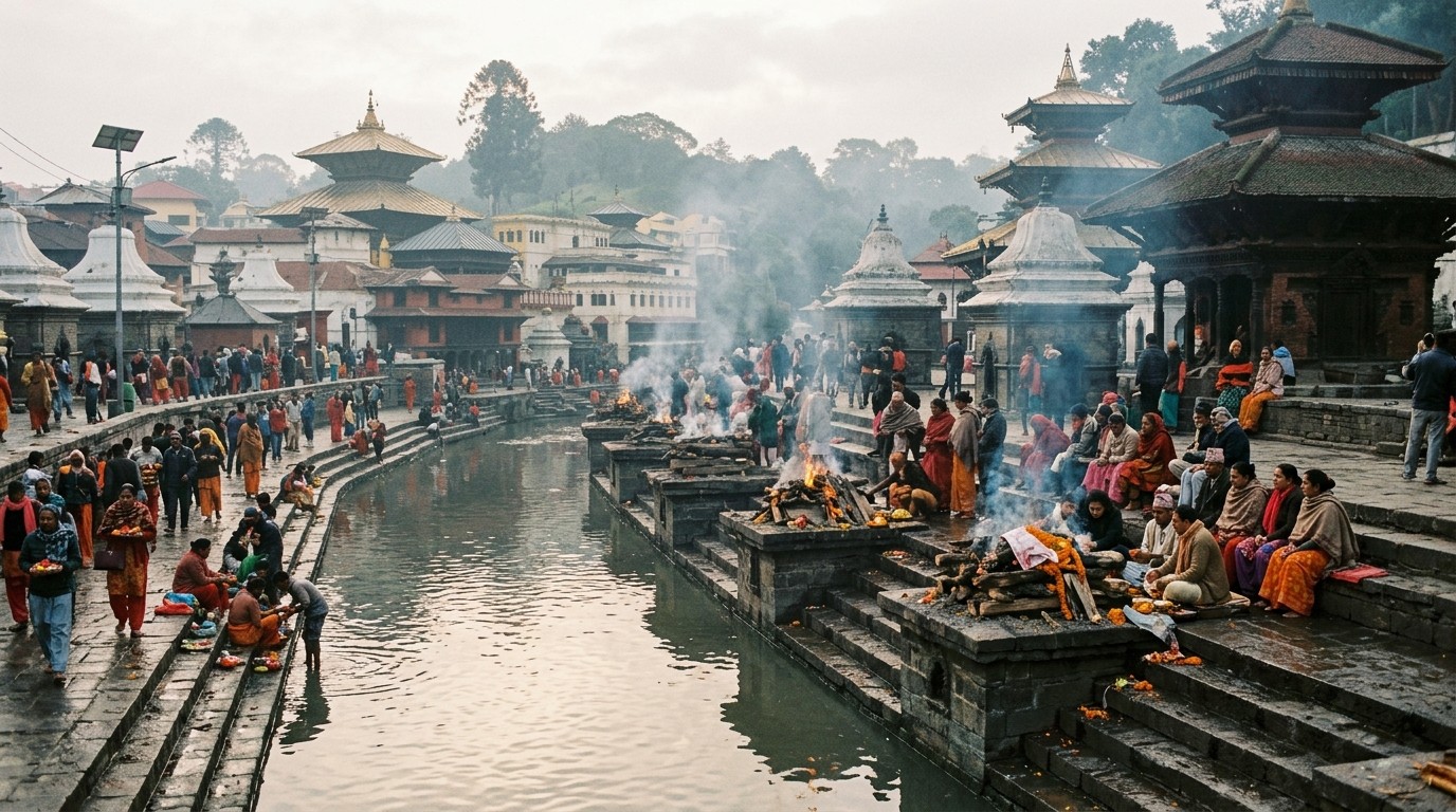 Cremation platforms and pilgrims along the Bagmati River at Pashupatinath Temple Kathmandu