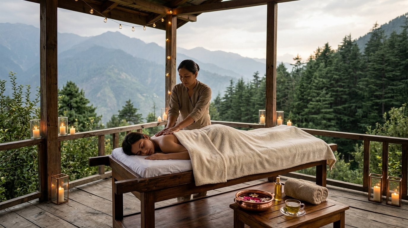 Outdoor massage treatment terrace overlooking mountains in Pokhara Nepal after Annapurna trekking