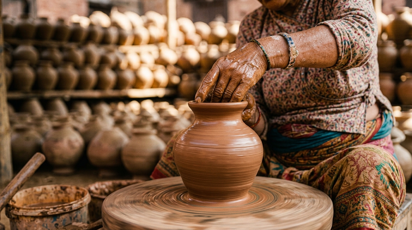 Woman shaping clay on a traditional potter's wheel at Pottery Square in Bhaktapur