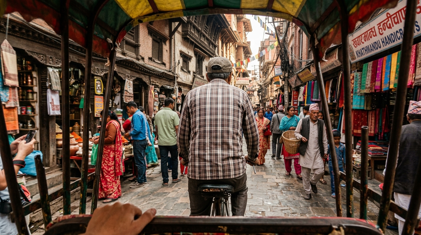 View from inside a cycle rickshaw riding through the crowded streets of old Kathmandu