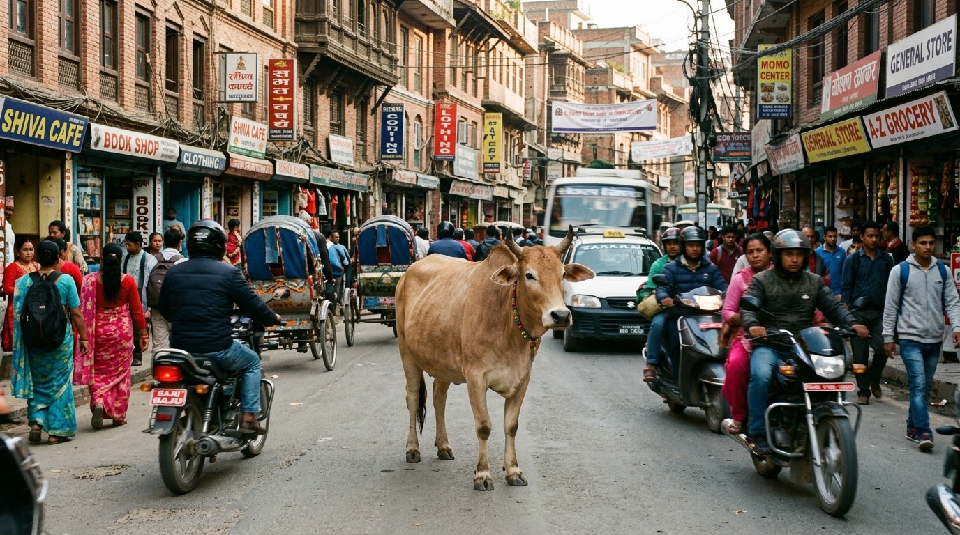 A cow standing calmly in the middle of a busy Kathmandu street with traffic passing around it