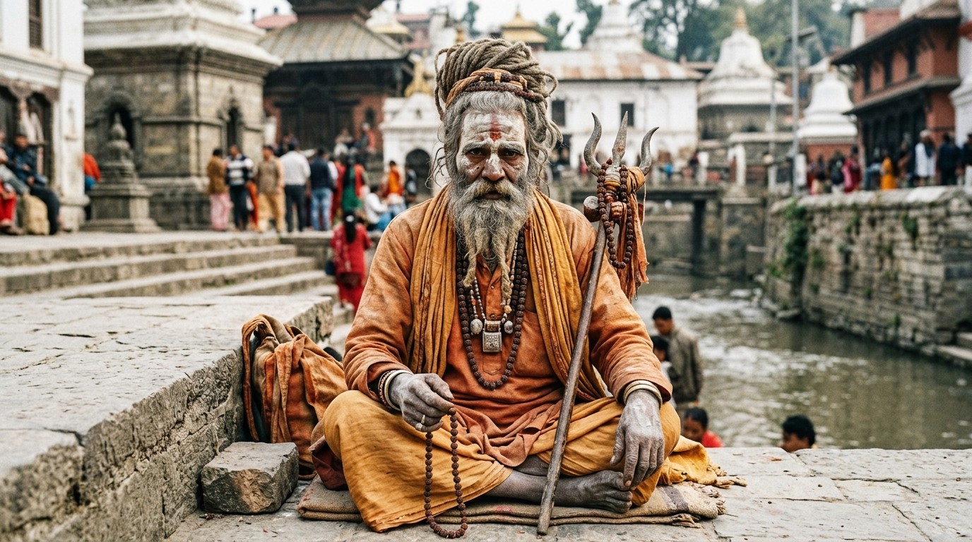 Sadhu holy man with ash-covered face and orange robes near Pashupatinath Temple Nepal