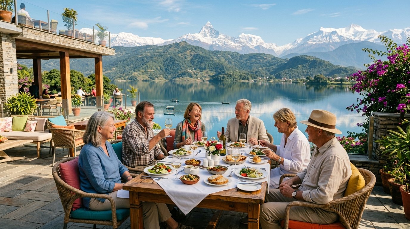 Senior travellers enjoying outdoor lunch beside Phewa Lake with Annapurna views Pokhara Nepal