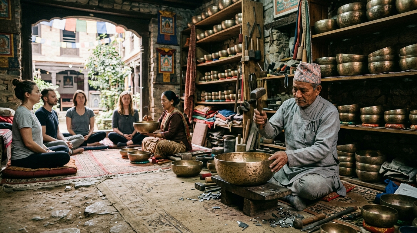Craftsman hammering a metal singing bowl surrounded by shelves of finished bowls