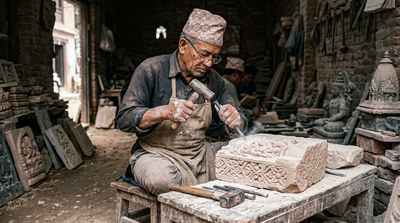 Craftsman carving intricate floral patterns into stone in a Patan workshop