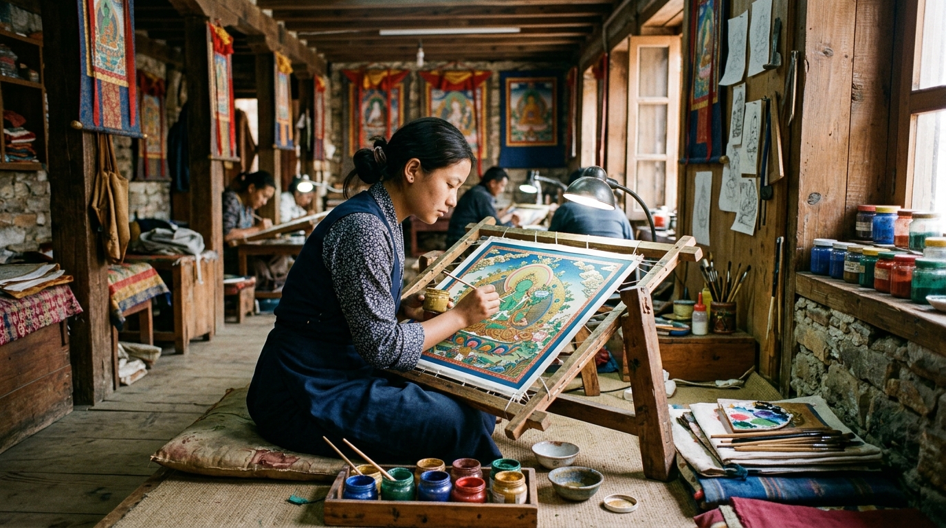 Artist painting a detailed Thangka on a wooden easel in a Kathmandu art studio