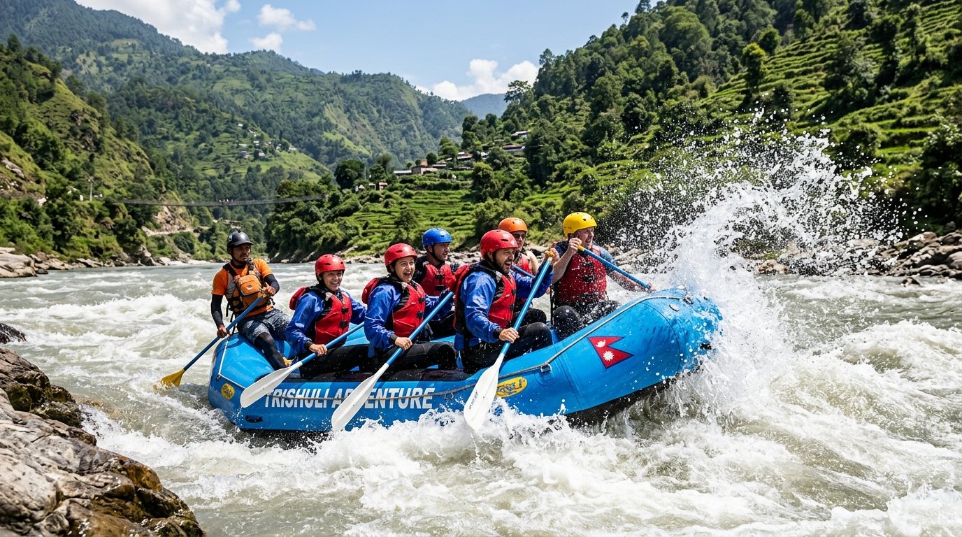 Rafters paddling through rapids on Trishuli River with terraced hills in background Nepal